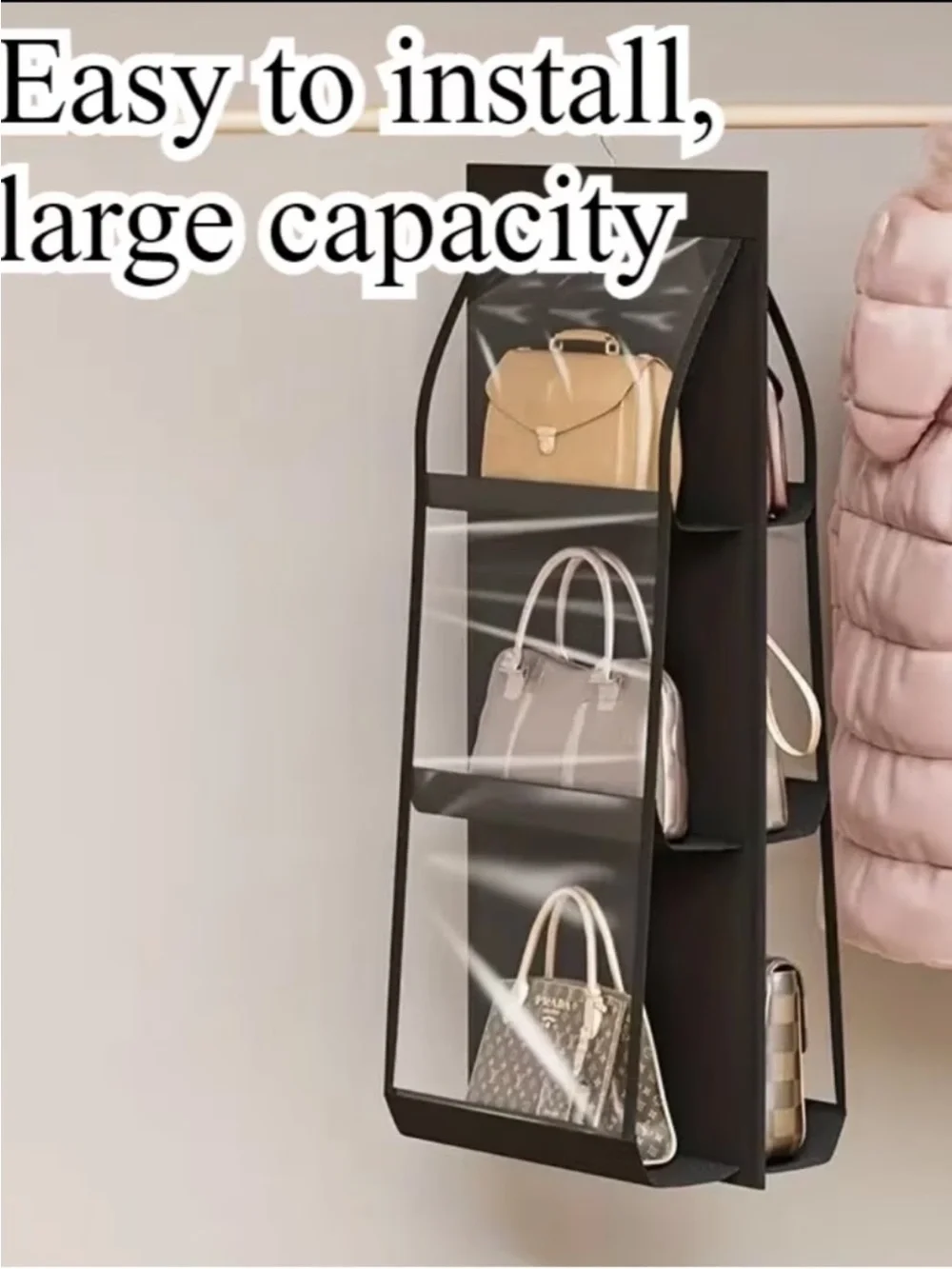 Black Hanging Purse Organizer for Closet - Multi-Tier Handbag Storage - Picture 6 of 6